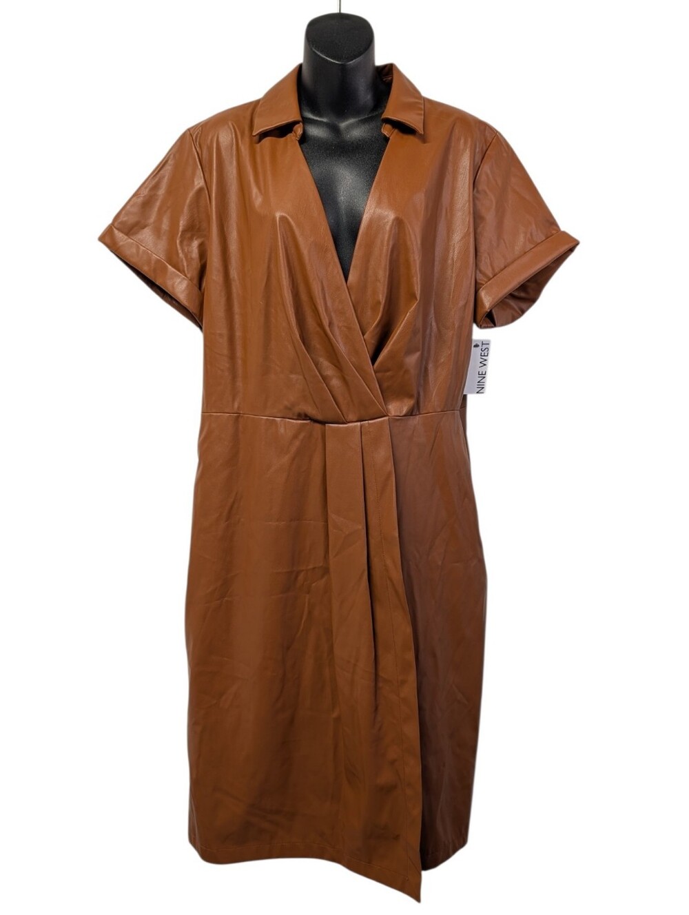 Nine West Brown Faux Leather Wrap Dress Short Sleeve Collared Midi Size 2XL NWT